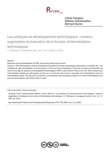 Les politiques de développement technologique : contenu, organisation et évaluation de la fonction d intermédiation technologique - article ; n°2 ; vol.18, pg 25-42