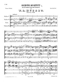 Partition complète, corde quatuor No.6, Divertimento, B♭ major, Mozart, Wolfgang Amadeus