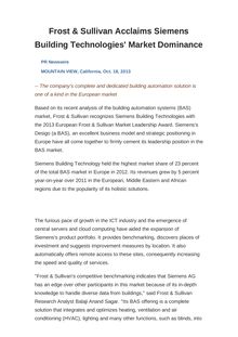 Frost & Sullivan Acclaims Siemens Building Technologies  Market Dominance