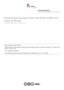 Herméneutiques sauvages de deux rites réputés chrétiens (Les Andes, La Mancha) - article ; n°142 ; vol.37, pg 7-32