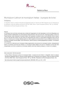 Municipium Latinum et municipium Italiae : à propos de la lex Imitano. - article ; n°1 ; vol.143, pg 565-582