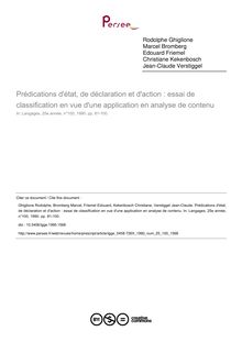 Prédications d état, de déclaration et d action : essai de classification en vue d une application en analyse de contenu - article ; n°100 ; vol.25, pg 81-100