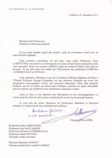 Lettre de félicitations du président de la République 21 Dec. 2013