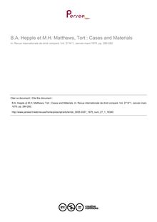 B.A. Hepple et M.H. Matthews, Tort : Cases and Materials - note biblio ; n°1 ; vol.27, pg 280-282
