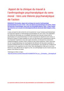 Apport de la clinique du travail à l’anthropologie psychanalytique du sens moral : Vers une théorie psychanalytique de l’action