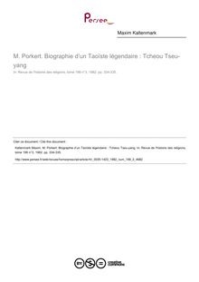 M. Porkert. Biographie d’un Taoïste légendaire : Tcheou Tseu-yang  ; n°3 ; vol.199, pg 334-335