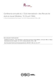Conférence annuelle du « Club international » des Revues de droit du travail (Modène, 15-16 avril 1994) - autre ; n°4 ; vol.45, pg 889-889