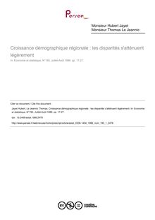 Croissance démographique régionale : les disparités s atténuent légèrement - article ; n°1 ; vol.190, pg 17-27