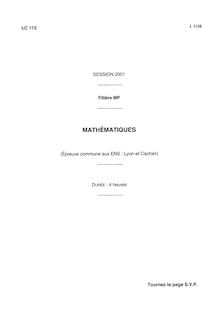 Mathématiques Lyon et Cachan 2001 Classe Prepa MP Concours Ecole Normale Supérieure