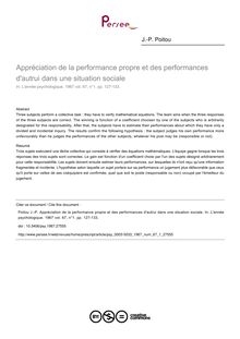 Appréciation de la performance propre et des performances d autrui dans une situation sociale - article ; n°1 ; vol.67, pg 127-133