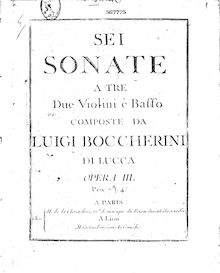 Partition violon 2, 6 corde Trios, G.119-124, Sei sonate a tre. Due violini e bassi, opera III.