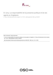 D. Lévy, La responsabilité de la puissance publique et de ses agents en Angleterre - note biblio ; n°3 ; vol.10, pg 652-657