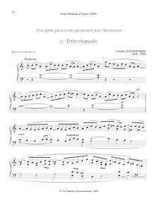 Partition Trois petites pièces écrites spécialement pour l’harmonium: , Petite rhapsodie - Petite improvisation basée sur les septième et huitième modes (sol) - (Interlude), Petite méthode d’orgue