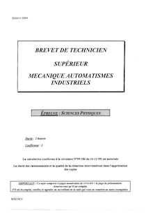 Sciences physiques 2004 BTS Mécanique et automatismes industriels