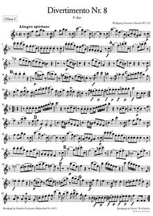 Partition hautbois 1, Divertimento, Divertimento No.8, F major, Mozart, Wolfgang Amadeus