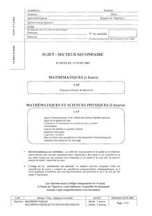 Mathématiques - Sciences 2003 CAP Agent de la Qualité de l eau