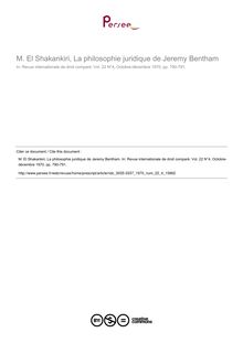 M. El Shakankiri, La philosophie juridique de Jeremy Bentham - note biblio ; n°4 ; vol.22, pg 790-791