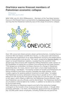 OneVoice warns Knesset members of Palestinian economic collapse