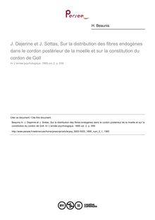 J. Dejerine et J. Sottas, Sur la distribution des fibres endogènes dans le cordon postérieur de la moelle et sur la constitution du cordon de Goll - compte-rendu ; n°1 ; vol.2, pg 559-559