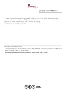 The China Society Singapore 1949-1979. A 30th Anniversary Issue of the Journal of the China Scciety  ; n°1 ; vol.21, pg 216-217