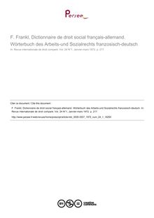 F. Frankl, Dictionnaire de droit social français-allemand. Wörterbuch des Arbeits-und Sozialrechts franzosisch-deutsch - note biblio ; n°1 ; vol.24, pg 217-217