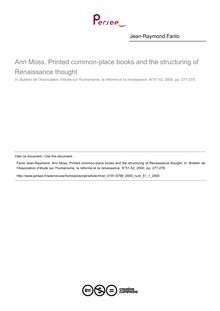 Ann Moss, Printed common-place books and the structuring of Renaissance thought  ; n°1 ; vol.51, pg 277-278