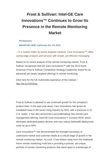 Frost & Sullivan: Intel-GE Care Innovations™ Continues to Grow Its Presence in the Remote Monitoring Market