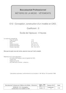 Sujet du bac 2012: Conception, construction d’un modèle en CAO (U12) - Métropole