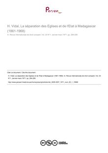 H. Vidal, La séparation des Eglises et de l Etat à Madagascar (1861-1968) - note biblio ; n°1 ; vol.23, pg 294-295