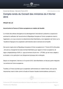 Elysée - Compte-rendu du Conseil des ministres du 4 février 2015