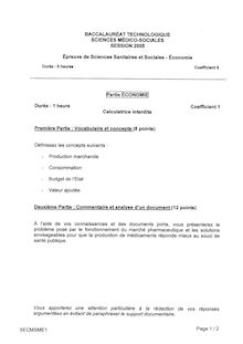 Economie 2005 S.M.S (Sciences Médico-Sociales) Baccalauréat technologique