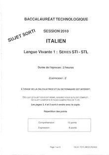 BACCALAURÉAT Thecnologique (Sessio, 2010) Epreuve de Langue Vivante 1:  ITALIEN  Séries STI- STL