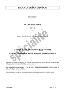 Sujet du bac S 2011: Physique Chimie Spécialité - 11PYSSME1