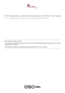 F.M. Roudinsky, La liberté de conscience en U.R.S.S. (en russe) - note biblio ; n°3 ; vol.15, pg 623-625