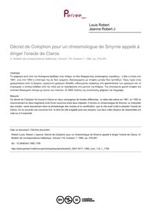 Décret de Colophon pour un chresmologue de Smyrne appelé à diriger l oracle de Claros - article ; n°1 ; vol.116, pg 279-291