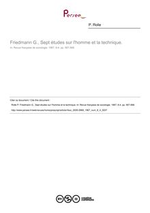 Friedmann G., Sept études sur l homme et la technique.  ; n°4 ; vol.8, pg 567-568
