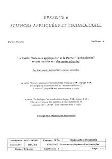 Sciences appliquées et technologies 2007 Hôtellerie Baccalauréat technologique