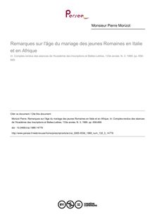 Remarques sur l âge du mariage des jeunes Romaines en Italie et en Afrique - article ; n°3 ; vol.133, pg 656-669