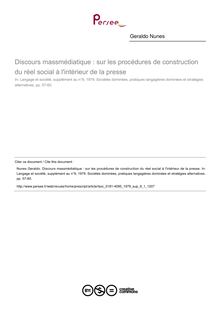 Discours massmédiatique : sur les procédures de construction du réel social à l intérieur de la presse - article ; n°1 ; vol.9, pg 57-60