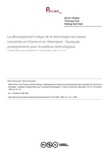 Le développement inégal de la technologie des lasers industriels en France et en Allemagne - Quelques enseignements pour la politique technologique - article ; n°1 ; vol.76, pg 91-113