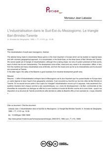 L industrialisation dans le Sud-Est du Mezzogiorno. Le triangle Bari-Brindisi-Tarente - article ; n°419 ; vol.77, pg 14-36