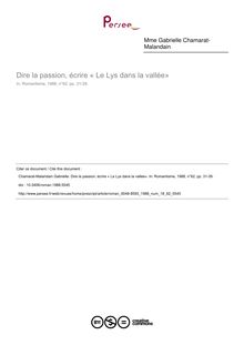 Dire la passion, écrire « Le Lys dans la vallée» - article ; n°62 ; vol.18, pg 31-39