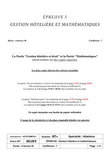 Gestion hôtelière et mathématiques 2007 Hôtellerie Baccalauréat technologique