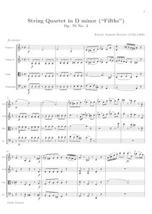 Partition , quatuor en D minor  Fifths , Hob.III:76, corde quatuors, Op.76
