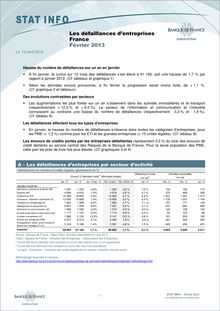 Banque de France : Les défaillances d entreprises France au mois de Février 2013