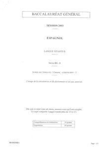 Espagnol LV1 2003 Sciences Economiques et Sociales Baccalauréat général