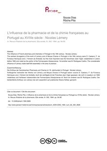 L influence de la pharmacie et de la chimie françaises au Portugal au XVIIIe siècle : Nicolas Lémery - article ; n°300 ; vol.82, pg 84-90