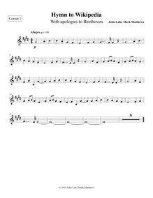 Partition Cornet 1 (en B♭), Hymn to Wikipedia, D major, Matthews, John-Luke Mark