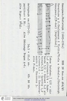 Partition complète, Ouverture en F major, GWV 448, F major, Graupner, Christoph