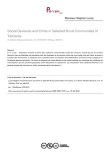 Social Deviance and Crime in Selected Rural Communities of Tanzania. - article ; n°63 ; vol.16, pg 499-518